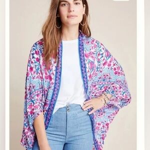 Anthropologie Kimono Womens Floral Blue Pink Flowy Boho Hippie Top Shawl